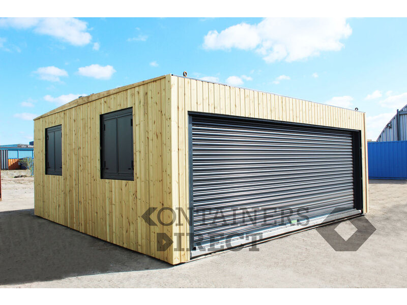 Shipping Container Conversions 20ft x 20ft CarTainer[REG] with roller shutter and cladding click to zoom image