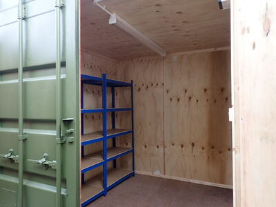 SHIPPING CONTAINERS 8ft ply lined, electrics and shelving 25046